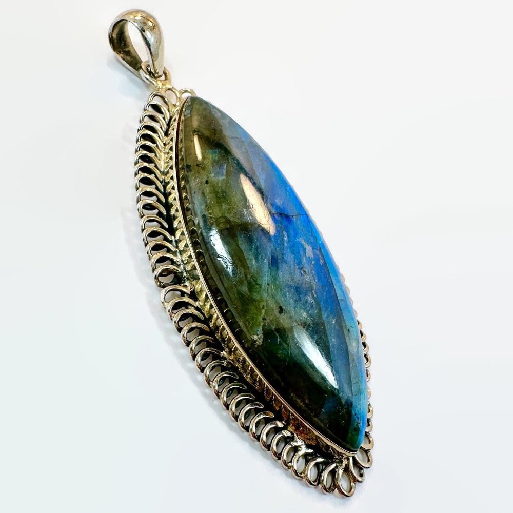 Labradorite Pendant, Sterling Silver, Artisan, Blue,Large Stone, Handcrafted, 3" - Picture 3 of 4